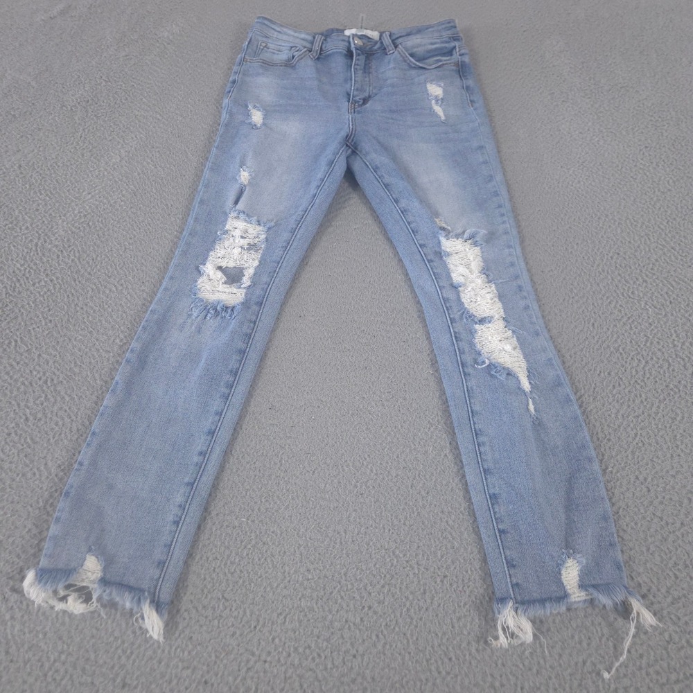 Risen Jeans Womens 7/28 Blue Skinny Distressed‎ Frayed Hem Ripped Stretch Denim